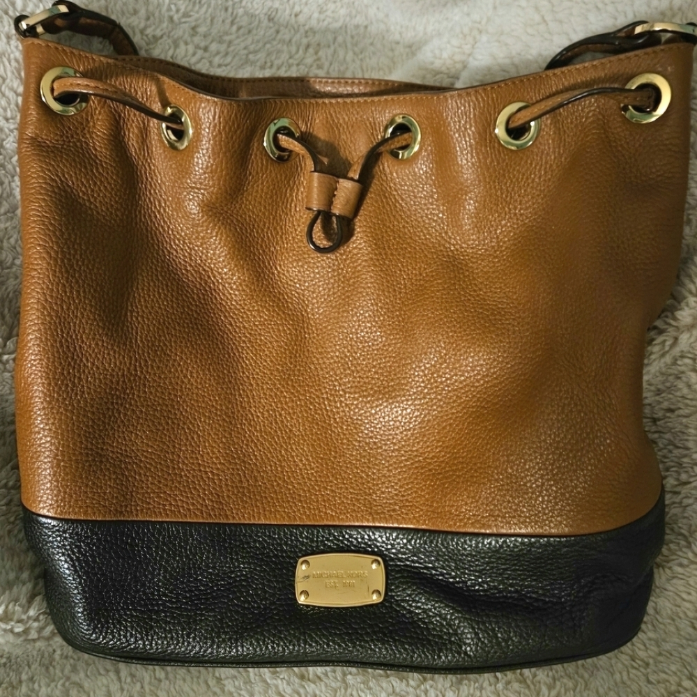 Michael Kors Tan and Black Hobo Bag with Gold Accents